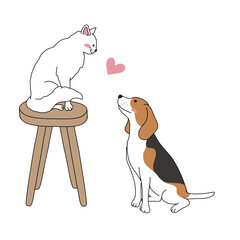 Cat and Beagle dog love each other cartoon vector illustration - 517819017
