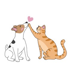 Cat and Jack Russell Terrier dog love each other cartoon vector illustration - 517819020