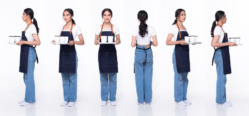Full length 20s young Mix Race Barista shop restaurant Woman, 360 front side back rear view