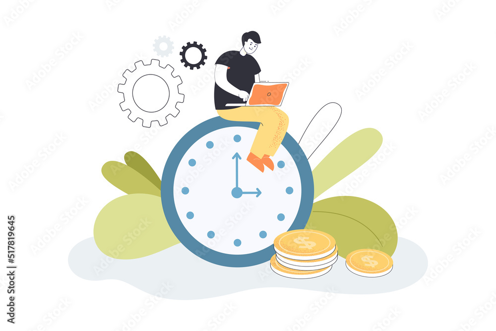 Poster tiny freelancer working remotely on laptop. man earning money using computer sitting on clock flat v