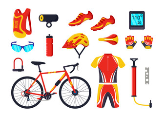 Equipment and gear for cycling flat vector illustrations set. Different accessories and sportswear for cyclists or bikers, bike, backpack, helmet isolated on white background. Sports, cycling concept