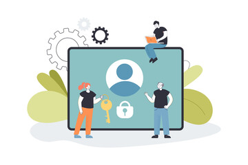 Tiny people trying to unlock laptop account. Woman with key and men standing at locked profile flat vector illustration. Protection of personal data concept for banner, website design or landing 