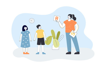 Female teacher showing letters to boy and girl. Woman teaching alphabet to kids at school flat vector illustration. Education, language concept for banner, website design or landing web page