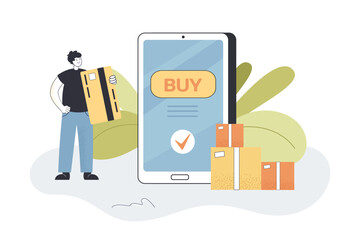 Customer with big credit card next to huge phone and purchases. Man paying via internet flat vector illustration. Online shopping, e-commerce, technology concept for banner or landing web page