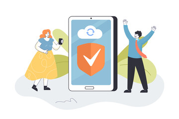 Man and woman next to big phone with shield symbol on screen. Protection of internet activity or personal information flat vector illustration. Internet, security, digital data concept for banner