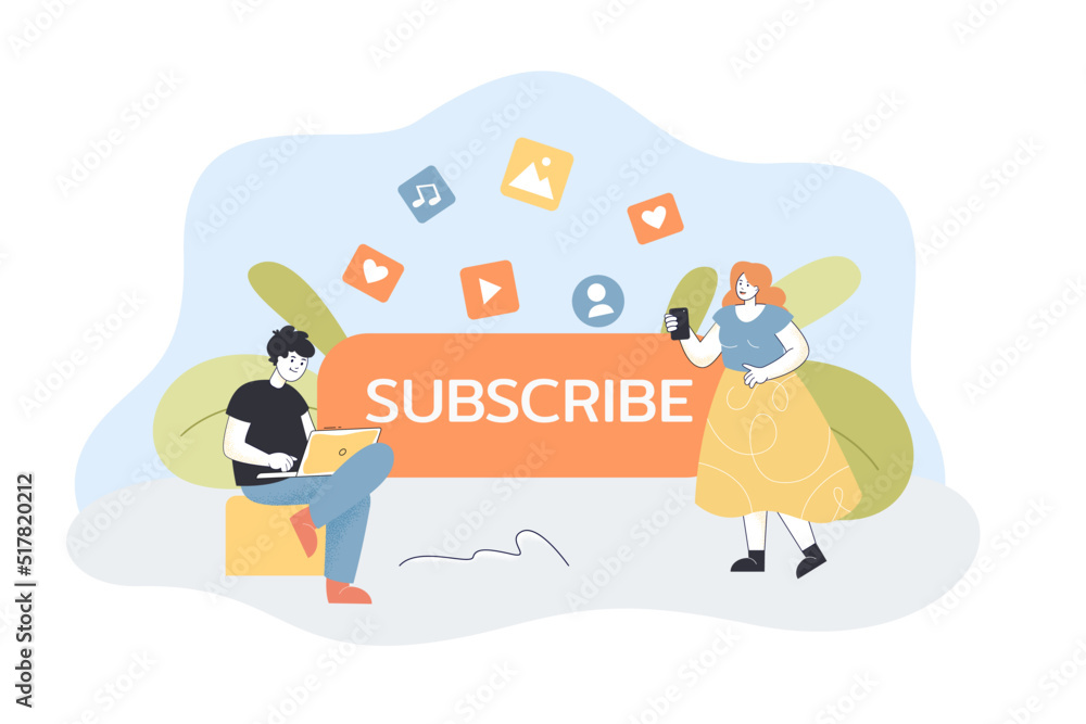 Canvas Prints content creators with gadgets and big subscribe button. man with laptop, woman with smartphone flat 