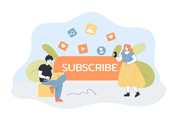 Content creators with gadgets and big subscribe button. Man with laptop, woman with smartphone flat vector illustration. Social media, communication concept for banner, website design or landing page