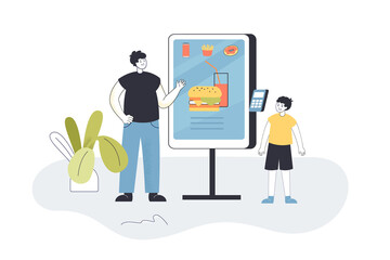 Father and son using self ordering kiosk at fast food restaurant. Self service payment machine or terminal flat vector illustration. Fast food, technology concept for banner or landing web page
