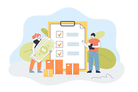 Woman giving money to courier checking delivery document. Tiny woman holding cash and man standing at check list and boxes flat vector illustration. Delivery service concept for banner, website design
