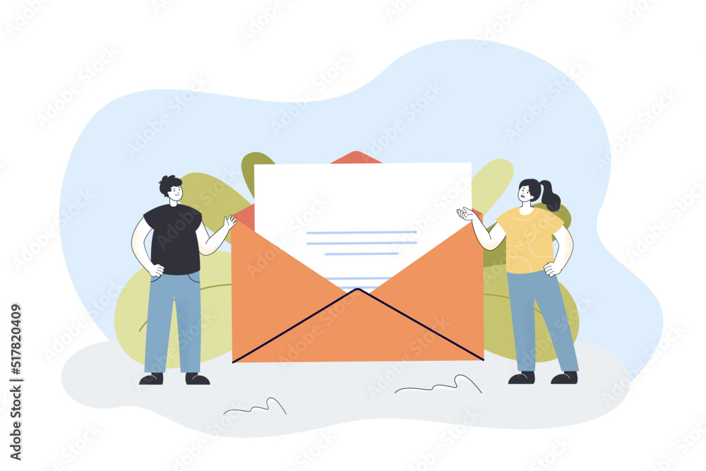 Poster man and woman standing next to huge open envelope with paper. characters talking via letters or e-ma