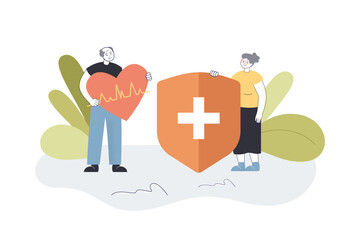 Elders with heart and shield as symbols of health and protection. Healthy old man and woman flat vector illustration. Elderly care, health, medicine concept for banner, website design or landing page