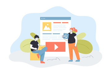 Tiny man and woman watching video and listening to music online. People using laptop and standing at multimedia landing page flat vector illustration. Online multimedia app concept for banner