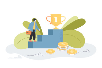 Happy cartoon businessman climbing steps to gold cup. Man going up career ladder flat vector illustration. Finances, success, goal, motivation concept for banner, website design or landing web page