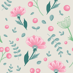 Fototapeta na wymiar pattern of beautiful pink flowers and herbs in vector for creating a bouquet, booklet, decorating