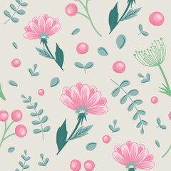 pattern of beautiful pink flowers and herbs in vector for creating a bouquet, booklet, decorating