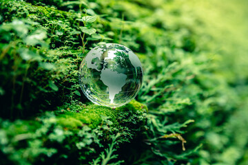 Obraz na płótnie Canvas Crystal globe putting on moss, ecology and environment sustainable concept.