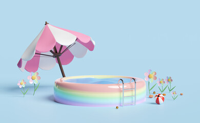 3d inflatable pool with umbrella, beach ball isolated on blue background. summer decorate concept, 3d render illustration - obrazy, fototapety, plakaty
