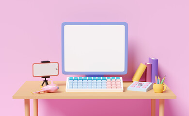 Naklejka premium 3d laptop computer on table with blank screen, keypad, mobile phone, smartphone in pink room. online video live streaming, communication applications, notification message, 3d render
