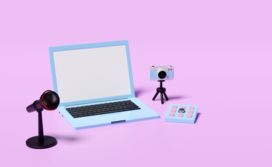 online video live streaming, 3d blank screen laptop computer on table with keypad, microphone, camera isolated on pink background. seo, communication applications, notification message, 3d render