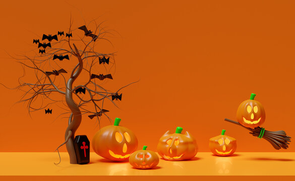 3d halloween pumpkin holiday party with coffin, flying bats, broom, Scared Jack O Lantern and candle light in pumpkin for happy halloween, 3d render illustration, isolated on orange background.