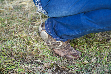 Cowboy boots and silver spurs worn by female in blue jeans who is crouching