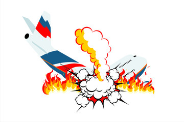 Airplane accident. The plane caught fire. Illustration of a plane crash