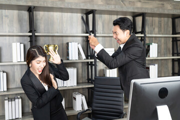 Emotional colleagues fighting in office. Workplace conflict. Angry boss. Man as a boss in the...