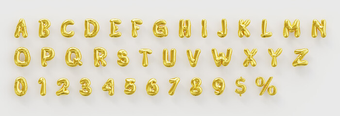 Set of shiny golden inflatable balloons uppercase english alphabet and number - obrazy, fototapety, plakaty