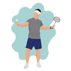 Man playing badminton on white background