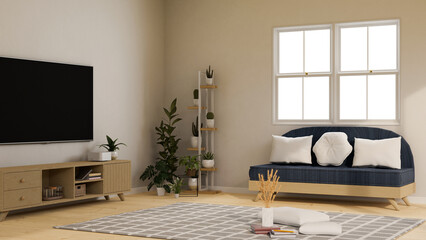 Comfortable minimal living room interior design with comfy sofa and modern TV on white wall.
