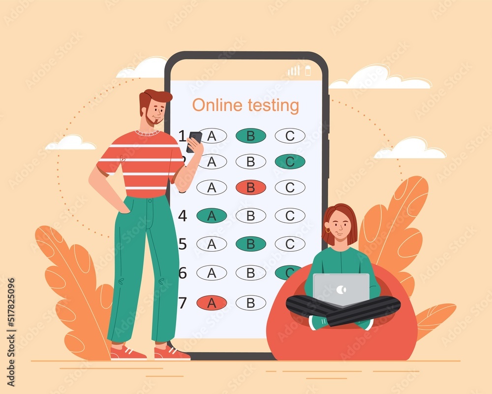 Poster online test concept. woman with computer and man with smartphone do homework and answer questions. d