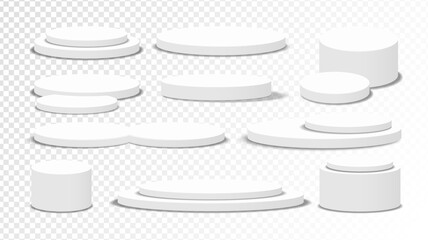 Set of white circle base.Collection of podiums stands isolated on transparent background.Stage empty for product display, advertising, show, contest, award, winner.Platform studio.Vector illustration.