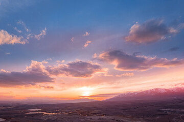 Fototapeta na wymiar Beautiful sunset in mountains Altai Siberia Russia, drone aerial view