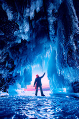 Adventure travel winter Lake Baikal tourist man with red scarf background ice grotto and cave,...