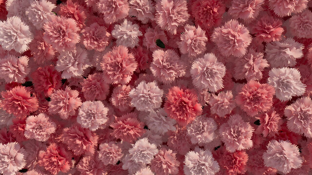 Red, Beautiful Wall background with Carnations. Vibrant, Floral Wallpaper with Colorful, Elegant flowers. 3D Render