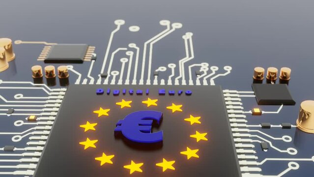 Digital euro money. CBDC Central bank digital currency 3D render background animation.