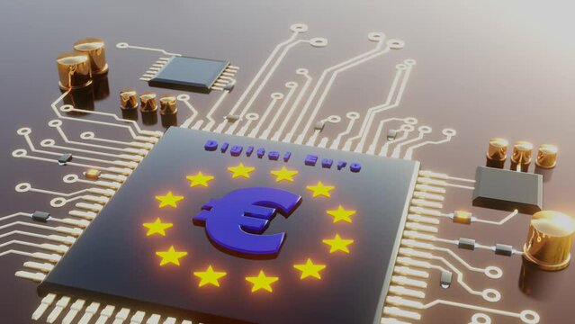 Digital euro money. CBDC Central bank digital currency 3D render background animation.