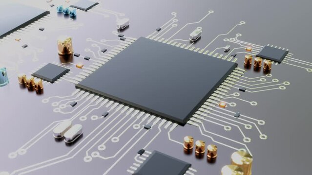 Electronic components and cpu revealing and growing up on motherboard. 3D render computer technology background animation.