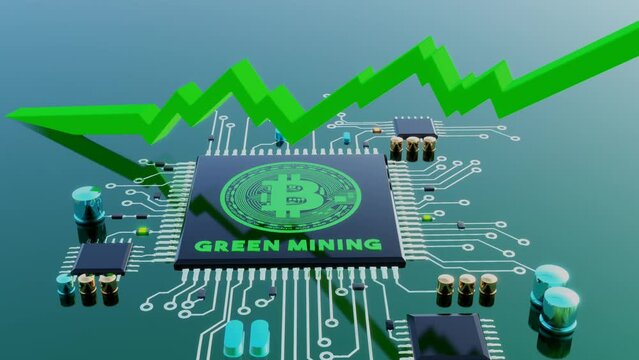 Energy efficient bitcoin mining 3d render concept animation. Computer motherboard with green mining text and green bitcoin on cpu processor.