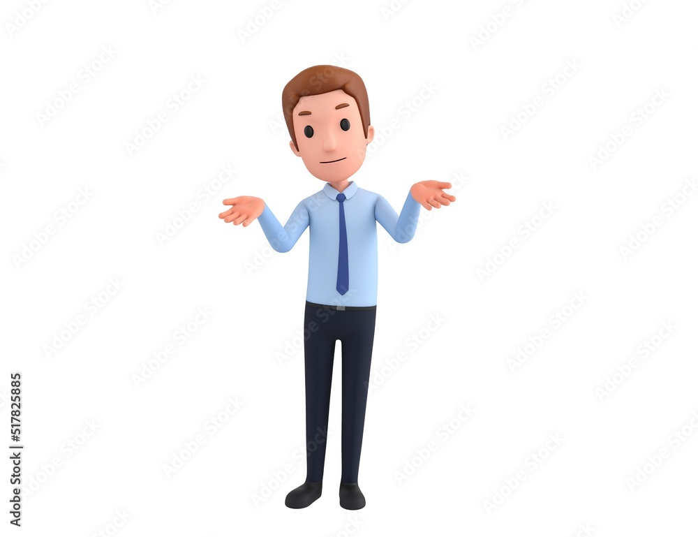 Wall mural businessman character spreading his two hands and looking to camera in 3d rendering.