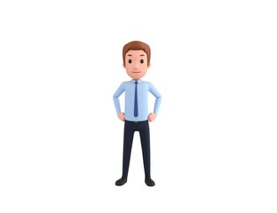 Businessman character with hands on hip in 3d rendering.