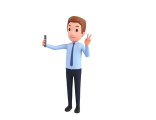 Businessman character taking selfie in 3d rendering.