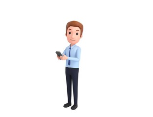 Businessman character using smartphone and looking to camera in 3d rendering.