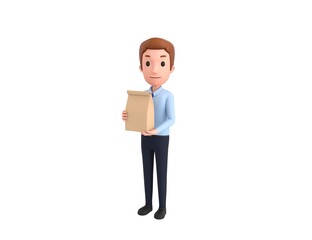 Businessman character holding paper containers for takeaway food in 3d rendering.
