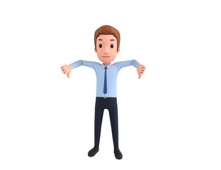 Businessman character showing thumb down with two hands in 3d rendering.