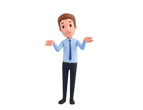 Businessman character spreading his two hands and looking to camera in 3d rendering.