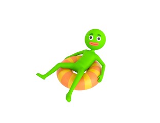 Green Man character sitting on the inflatable ring in 3d rendering.