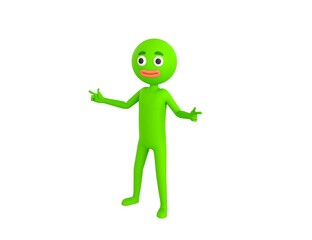 Green Man character pointing index finger both two side in 3d rendering.