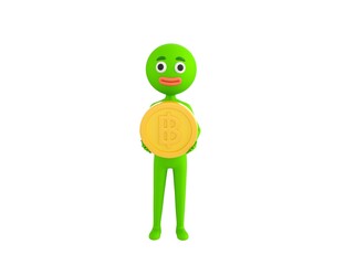 Green Man character holding golden thai bath coin in 3d rendering.