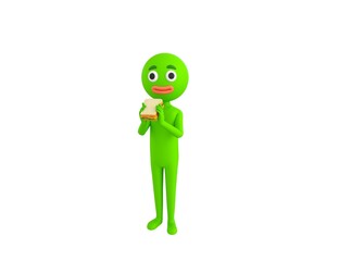 Green Man character eating sandwich in 3d rendering.